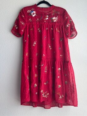 Red Embroidered Tiered Mini Dress - Size M
